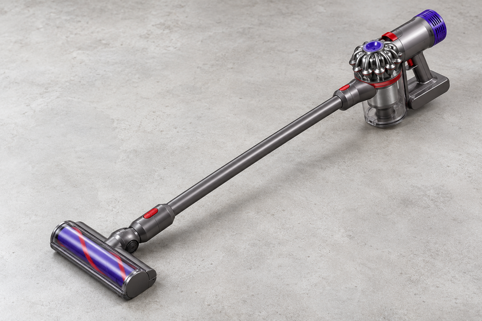 Illustrative product image of a fully assembled Dyson cordless stick vacuum
